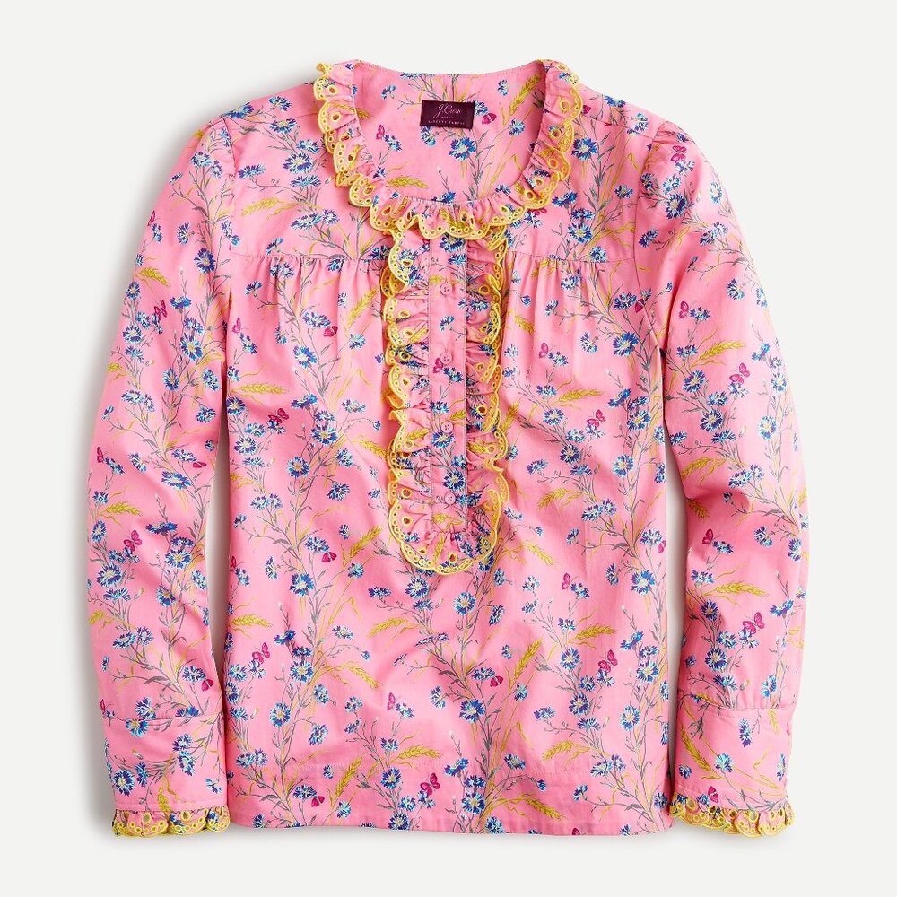 J. Crew Liberty Fabrics Poplin Ruffle Blouse in Wheat Bouquet Floral Size XS NWT